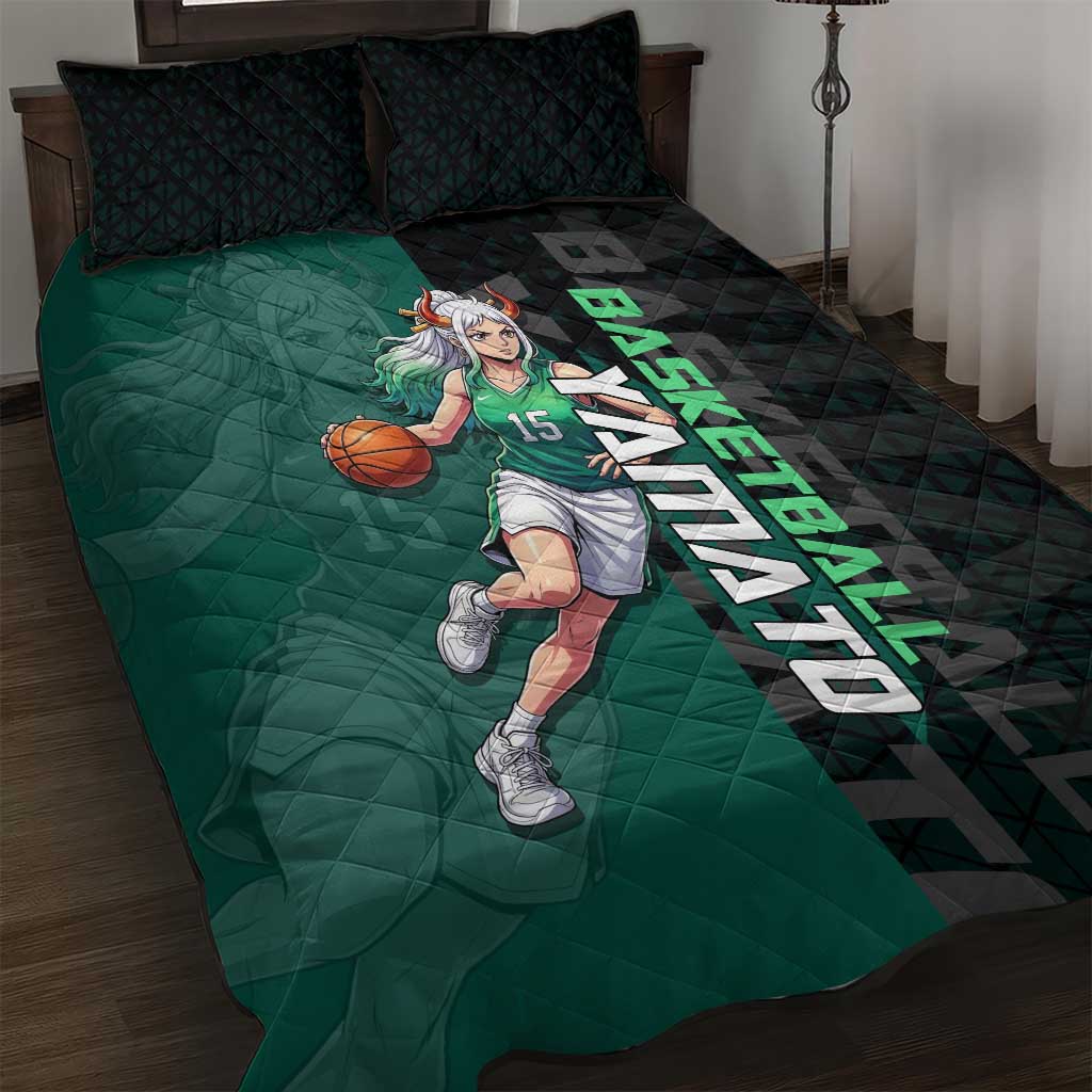 Yamato One Piece Basketball Theme Green and Black Design Quilt Bed Set with Oni Mask Emblem and Dynamic Pose - The Mazicc