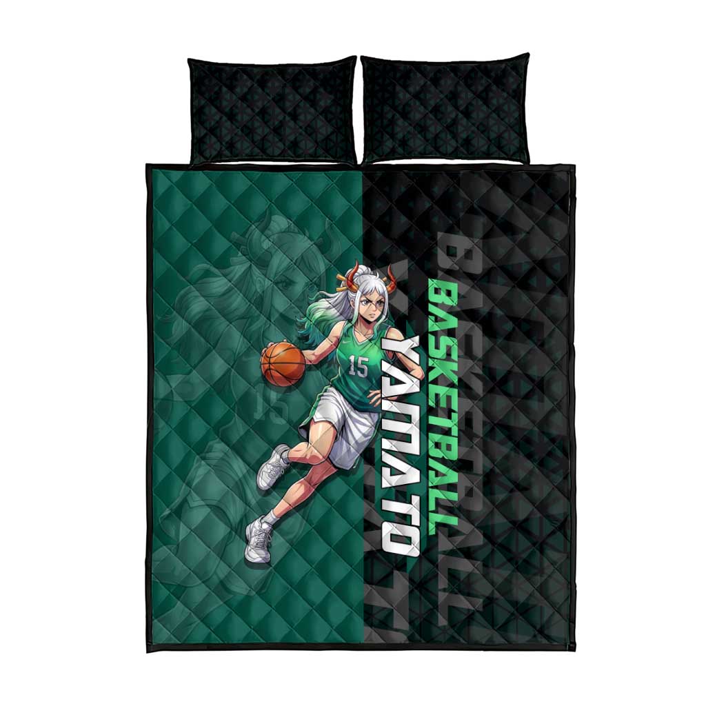 Yamato One Piece Basketball Theme Green and Black Design Quilt Bed Set with Oni Mask Emblem and Dynamic Pose - The Mazicc