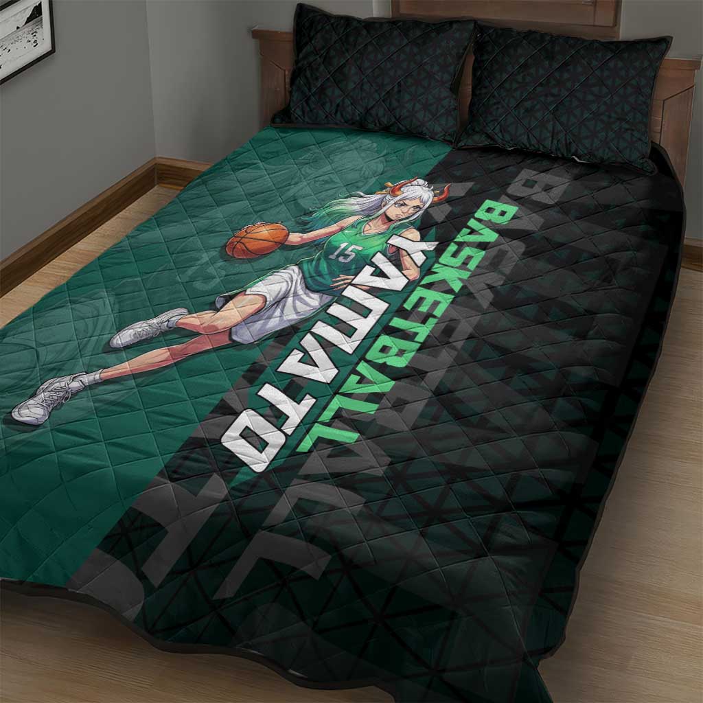 Yamato One Piece Basketball Theme Green and Black Design Quilt Bed Set with Oni Mask Emblem and Dynamic Pose - The Mazicc