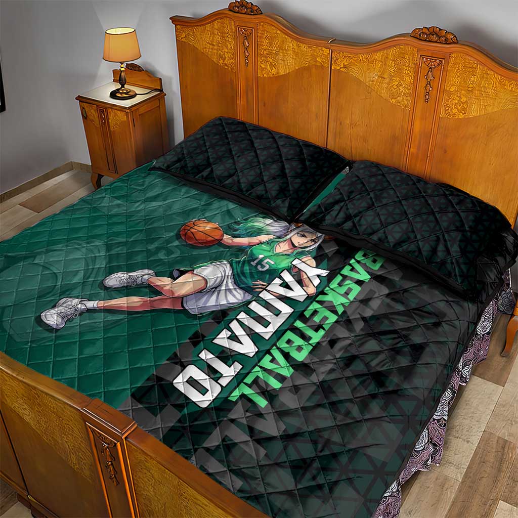Yamato One Piece Basketball Theme Green and Black Design Quilt Bed Set with Oni Mask Emblem and Dynamic Pose - The Mazicc