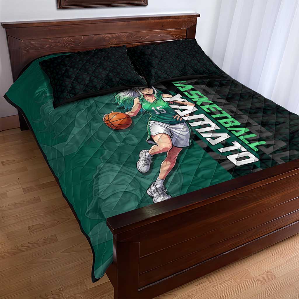 Yamato One Piece Basketball Theme Green and Black Design Quilt Bed Set with Oni Mask Emblem and Dynamic Pose - The Mazicc