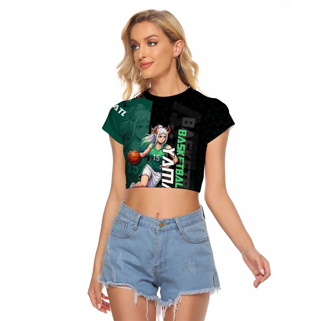 Yamato One Piece Basketball Theme Green and Black Design Raglan Cropped T Shirt with Oni Mask Emblem and Dynamic Pose - The Mazicc