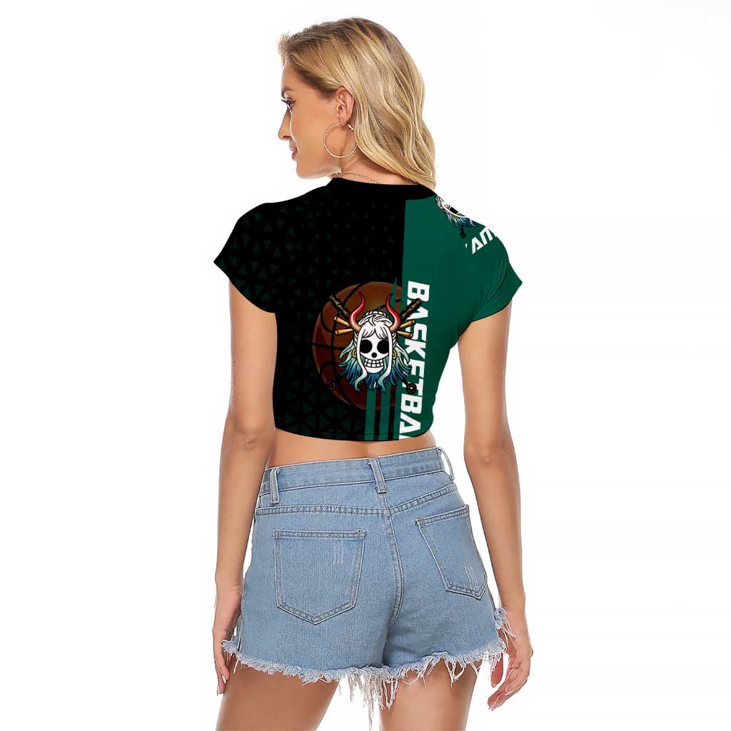 Yamato One Piece Basketball Theme Green and Black Design Raglan Cropped T Shirt with Oni Mask Emblem and Dynamic Pose - The Mazicc