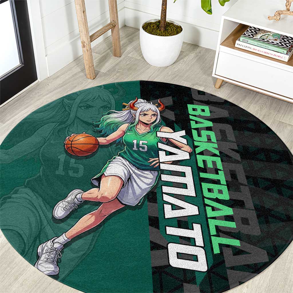 Yamato One Piece Basketball Theme Green and Black Design Round Carpet with Oni Mask Emblem and Dynamic Pose - The Mazicc