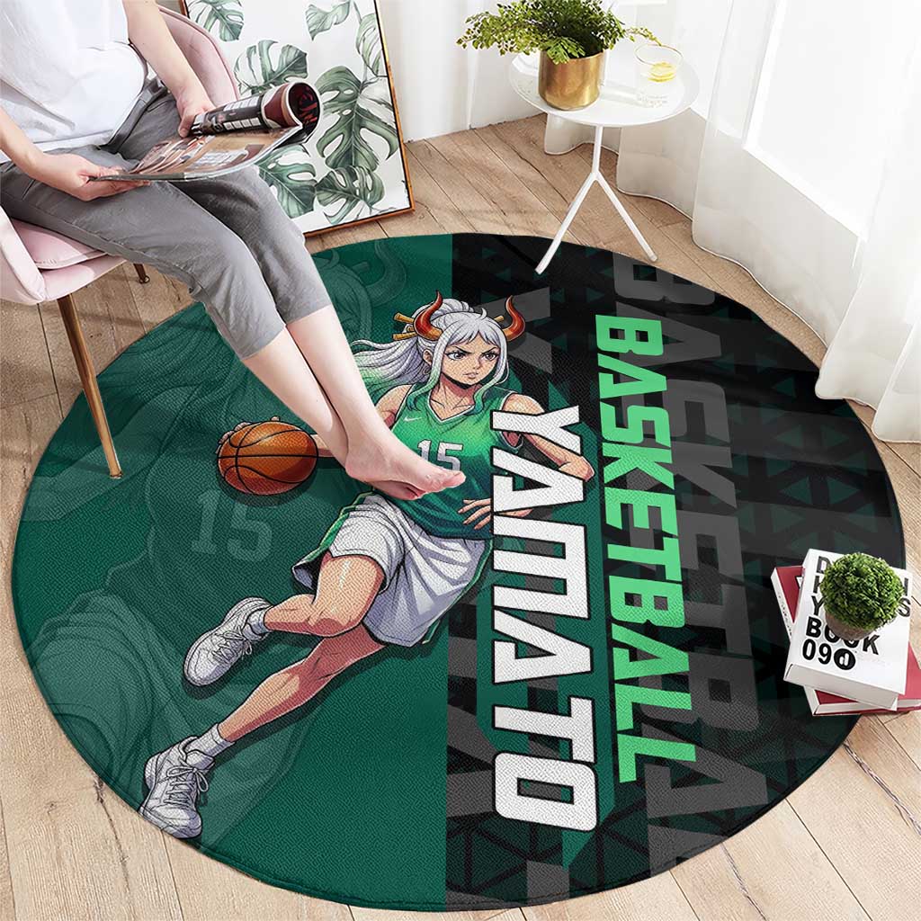 Yamato One Piece Basketball Theme Green and Black Design Round Carpet with Oni Mask Emblem and Dynamic Pose - The Mazicc