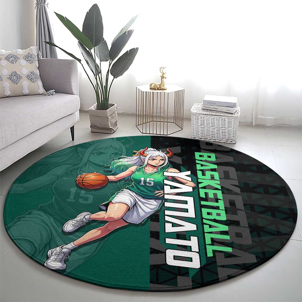 Yamato One Piece Basketball Theme Green and Black Design Round Carpet with Oni Mask Emblem and Dynamic Pose - The Mazicc