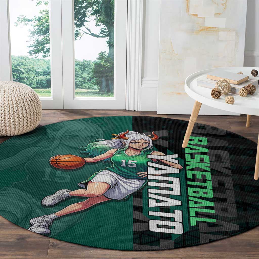 Yamato One Piece Basketball Theme Green and Black Design Round Carpet with Oni Mask Emblem and Dynamic Pose - The Mazicc