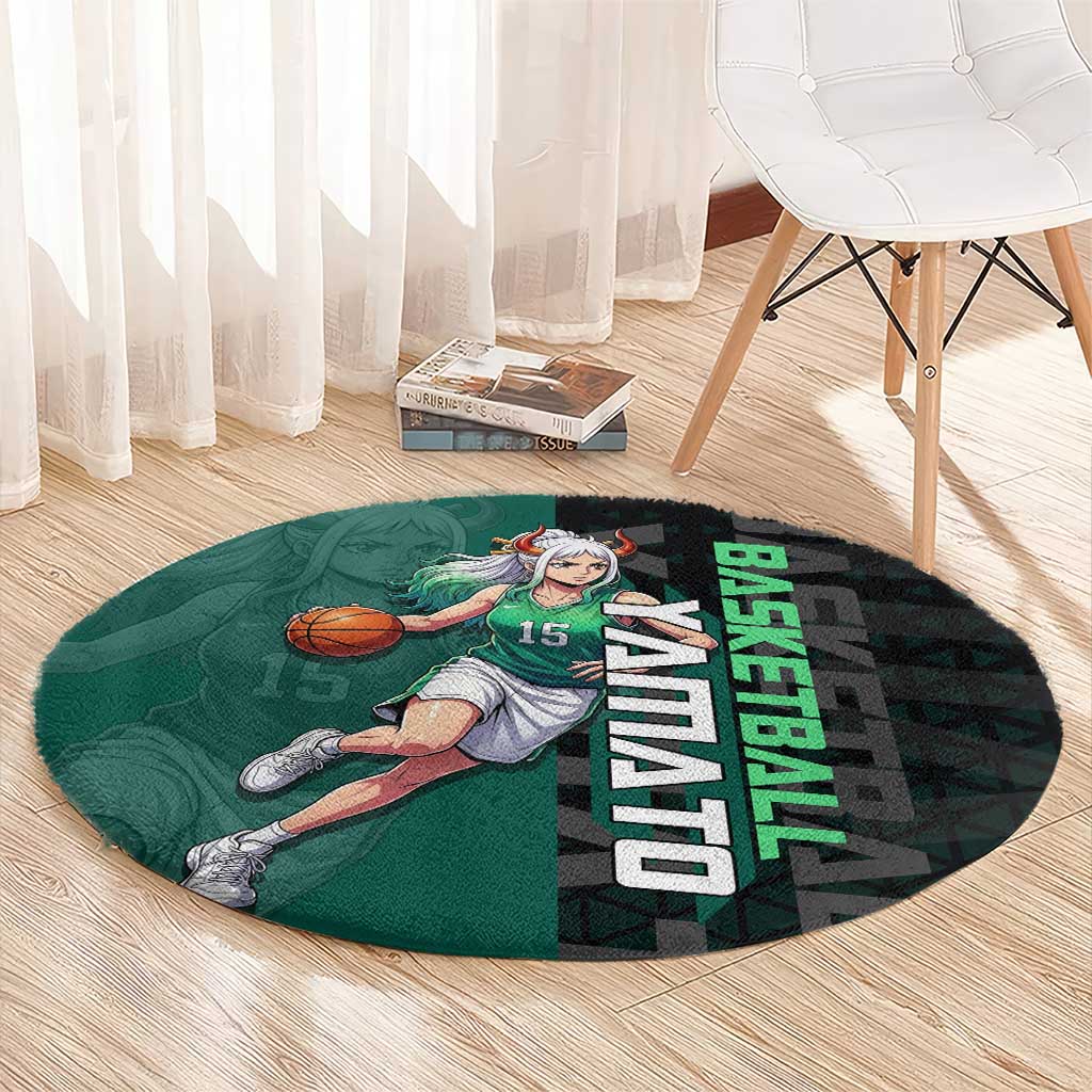 Yamato One Piece Basketball Theme Green and Black Design Round Carpet with Oni Mask Emblem and Dynamic Pose - The Mazicc