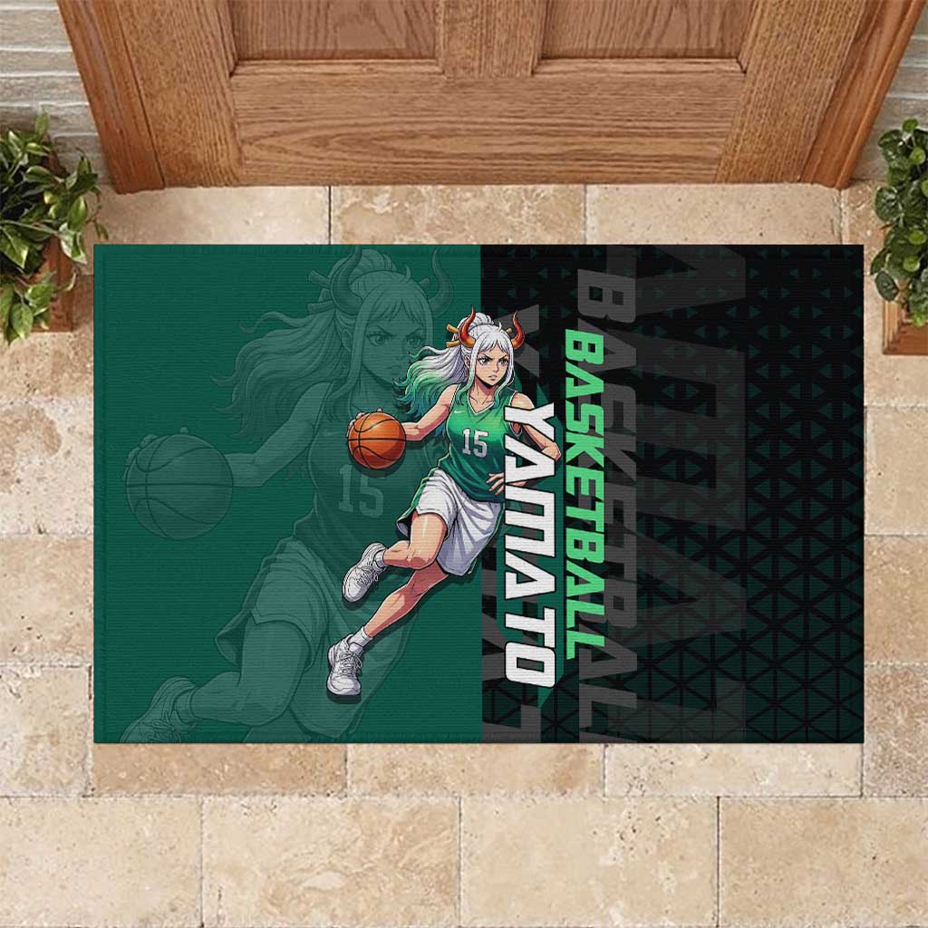 Yamato One Piece Basketball Theme Green and Black Design Rubber Doormat with Oni Mask Emblem and Dynamic Pose - The Mazicc