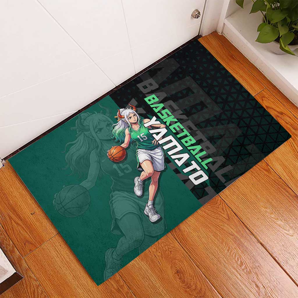 Yamato One Piece Basketball Theme Green and Black Design Rubber Doormat with Oni Mask Emblem and Dynamic Pose - The Mazicc