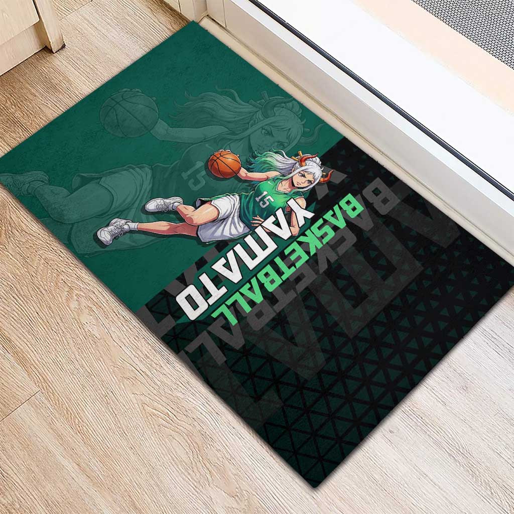 Yamato One Piece Basketball Theme Green and Black Design Rubber Doormat with Oni Mask Emblem and Dynamic Pose - The Mazicc
