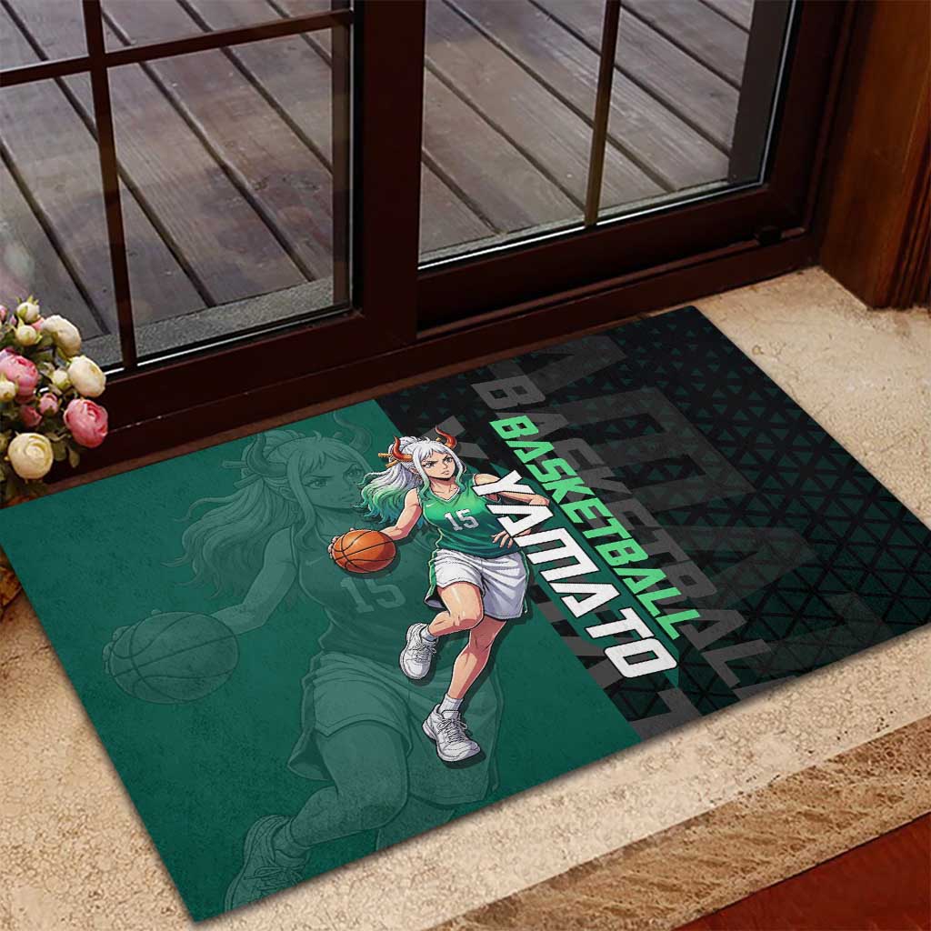 Yamato One Piece Basketball Theme Green and Black Design Rubber Doormat with Oni Mask Emblem and Dynamic Pose - The Mazicc