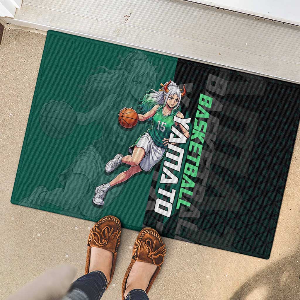 Yamato One Piece Basketball Theme Green and Black Design Rubber Doormat with Oni Mask Emblem and Dynamic Pose - The Mazicc