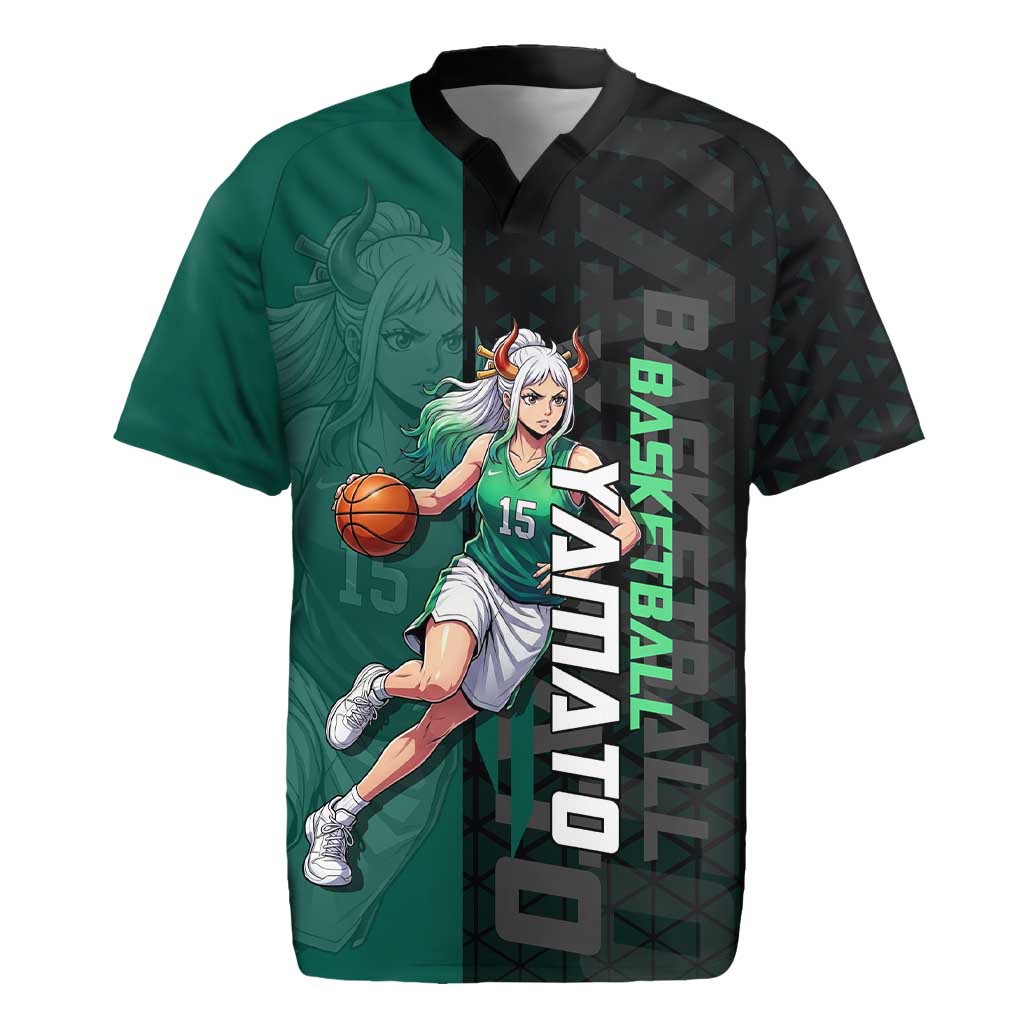Yamato One Piece Basketball Theme Green and Black Design Rugby Jersey with Oni Mask Emblem and Dynamic Pose - The Mazicc