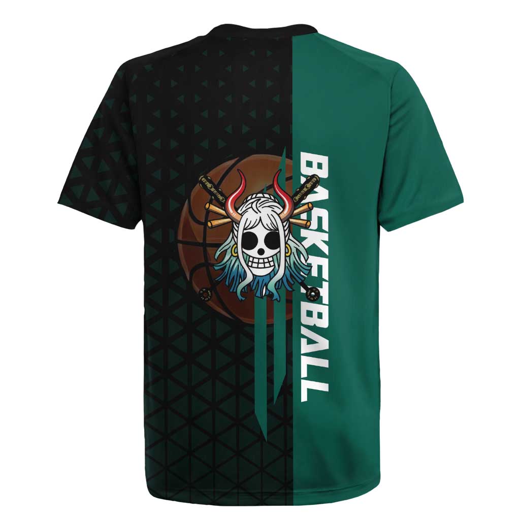 Yamato One Piece Basketball Theme Green and Black Design Rugby Jersey with Oni Mask Emblem and Dynamic Pose - The Mazicc
