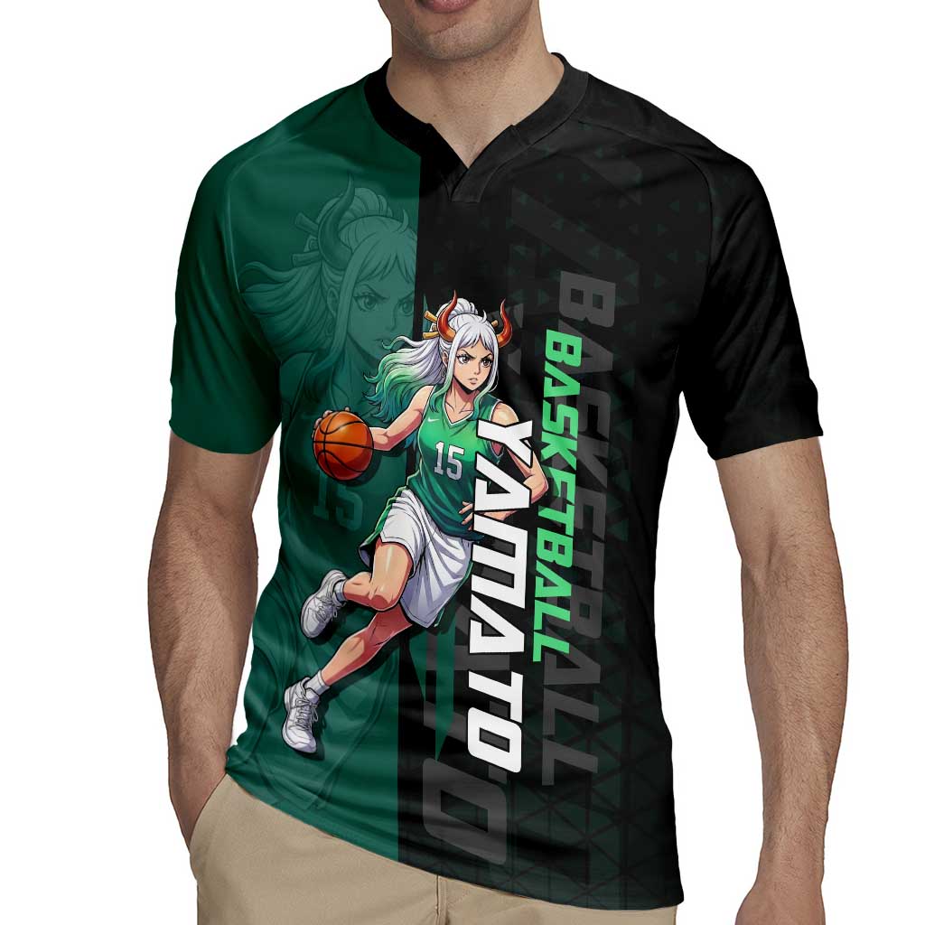 Yamato One Piece Basketball Theme Green and Black Design Rugby Jersey with Oni Mask Emblem and Dynamic Pose - The Mazicc