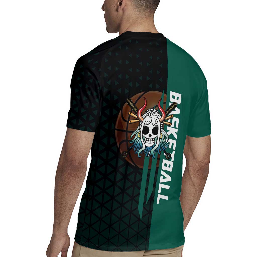 Yamato One Piece Basketball Theme Green and Black Design Rugby Jersey with Oni Mask Emblem and Dynamic Pose - The Mazicc