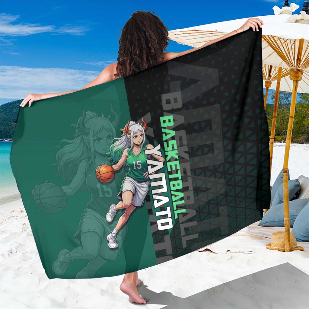 Yamato One Piece Basketball Theme Green and Black Design Sarong with Oni Mask Emblem and Dynamic Pose - The Mazicc