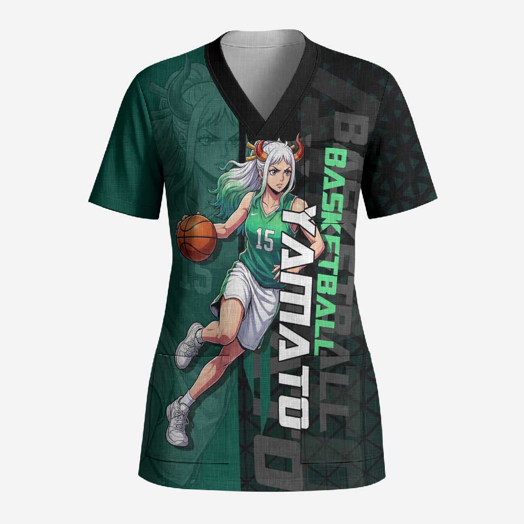 Yamato One Piece Basketball Theme Green and Black Design Scrub Top with Oni Mask Emblem and Dynamic Pose - The Mazicc
