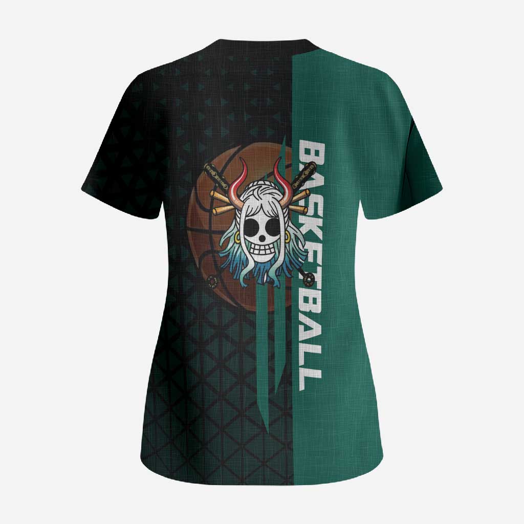 Yamato One Piece Basketball Theme Green and Black Design Scrub Top with Oni Mask Emblem and Dynamic Pose - The Mazicc