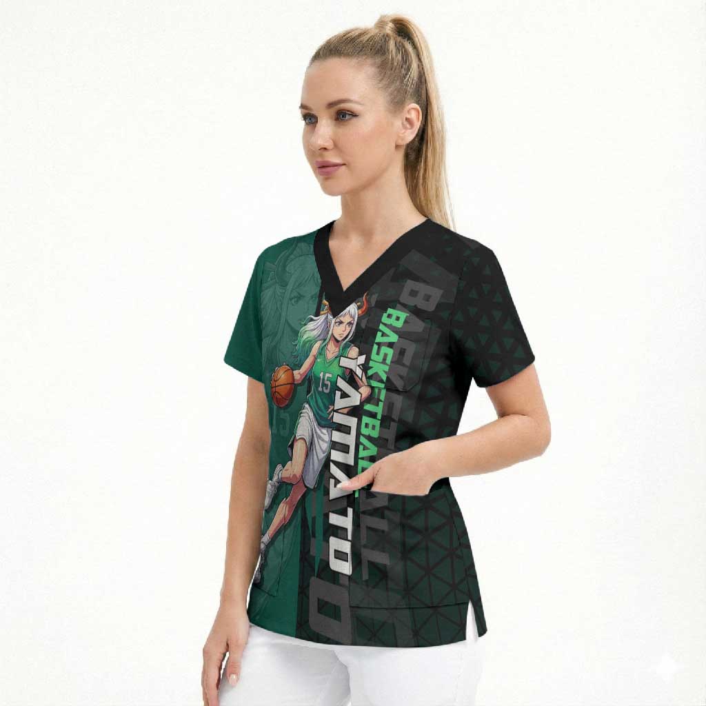 Yamato One Piece Basketball Theme Green and Black Design Scrub Top with Oni Mask Emblem and Dynamic Pose - The Mazicc