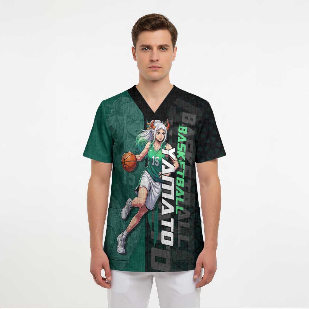 Yamato One Piece Basketball Theme Green and Black Design Scrub Top with Oni Mask Emblem and Dynamic Pose - The Mazicc
