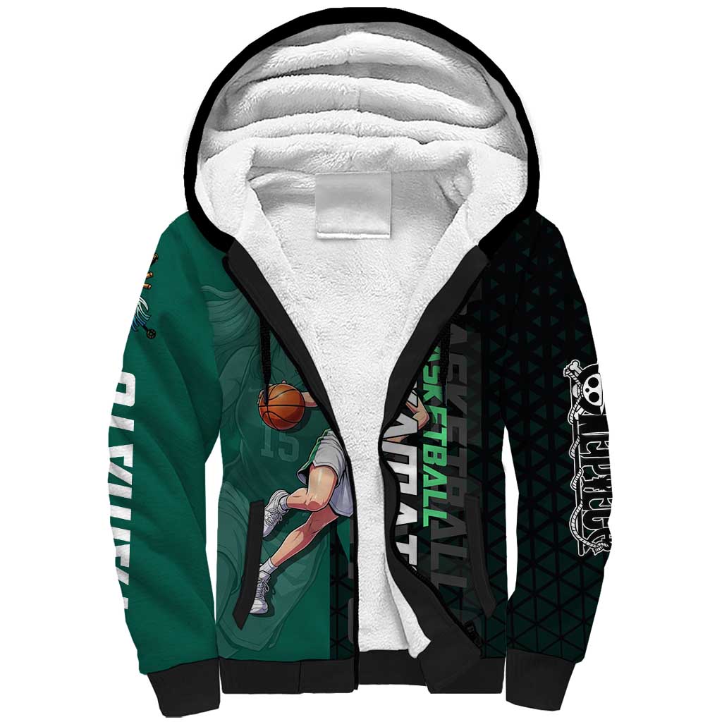 Yamato One Piece Basketball Theme Green and Black Design Sherpa Hoodie with Oni Mask Emblem and Dynamic Pose - The Mazicc