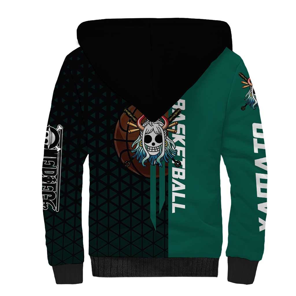 Yamato One Piece Basketball Theme Green and Black Design Sherpa Hoodie with Oni Mask Emblem and Dynamic Pose - The Mazicc