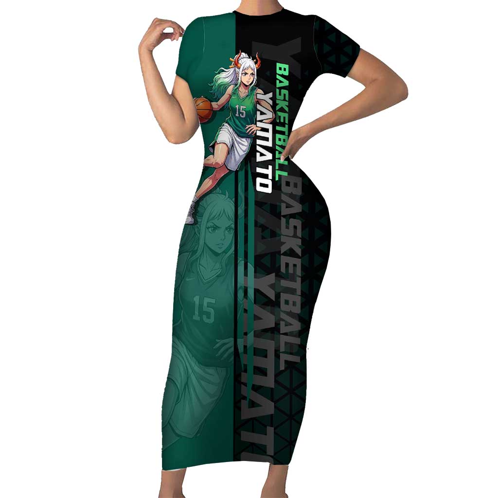 Yamato One Piece Basketball Theme Green and Black Design Short Sleeve Bodycon Dress with Oni Mask Emblem and Dynamic Pose - The Mazicc