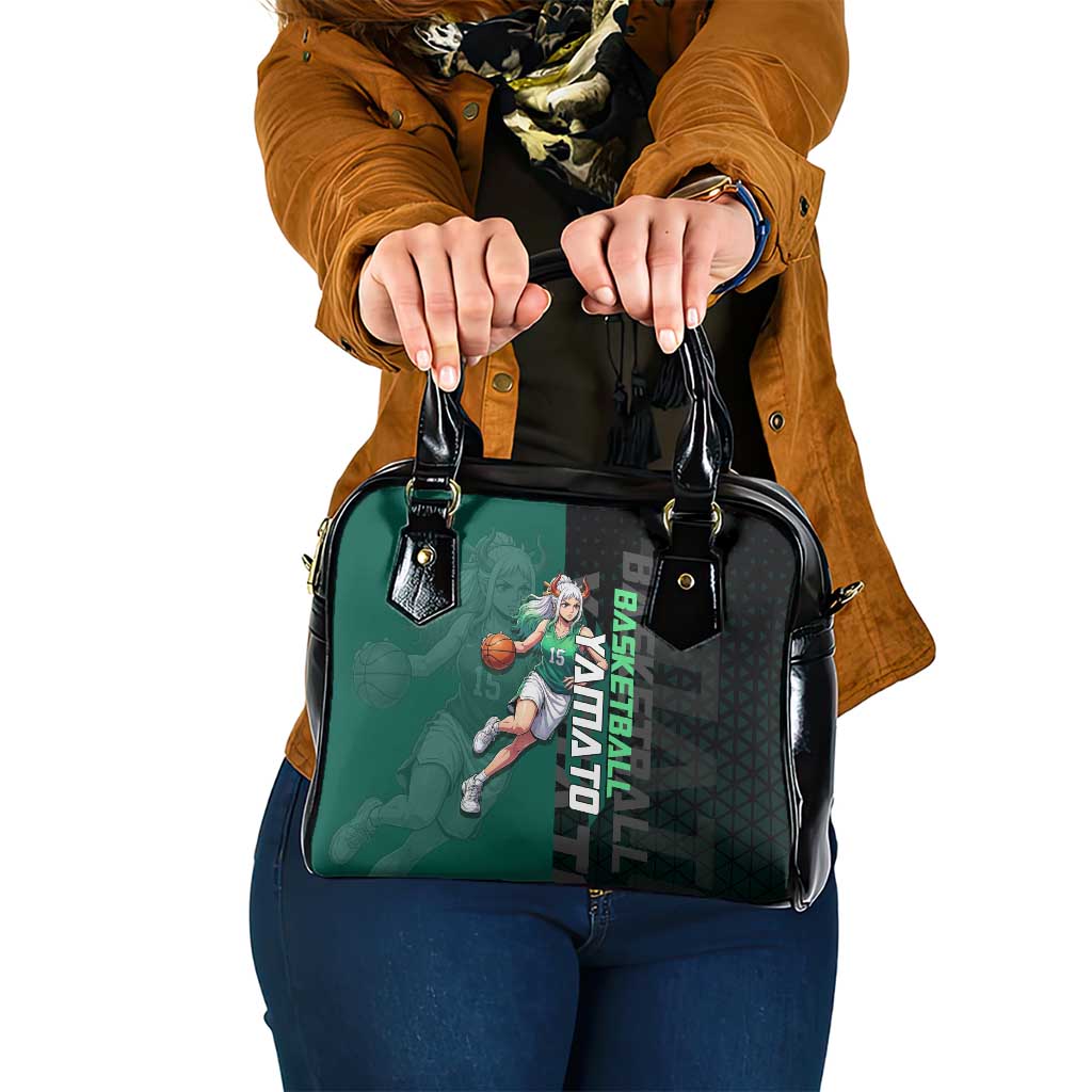 Yamato One Piece Basketball Theme Green and Black Design Shoulder Handbag with Oni Mask Emblem and Dynamic Pose - The Mazicc