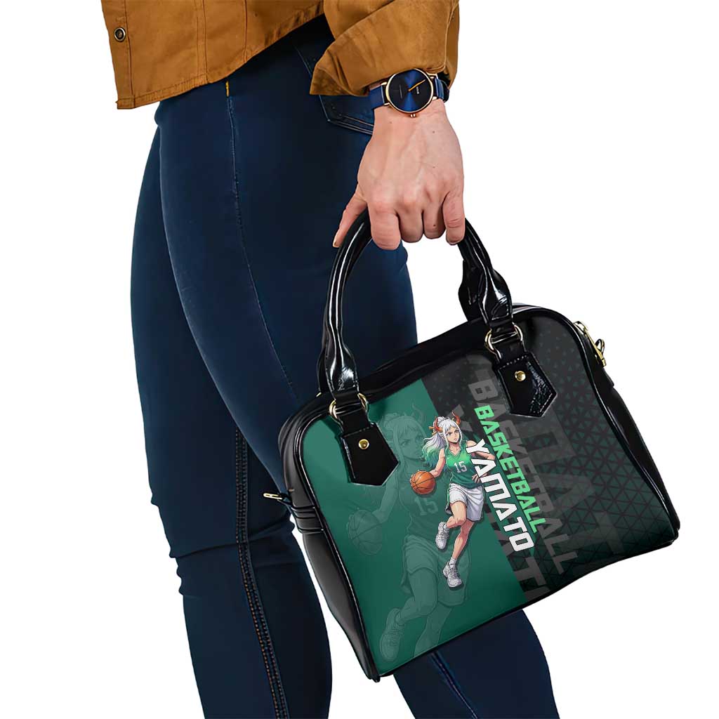 Yamato One Piece Basketball Theme Green and Black Design Shoulder Handbag with Oni Mask Emblem and Dynamic Pose - The Mazicc