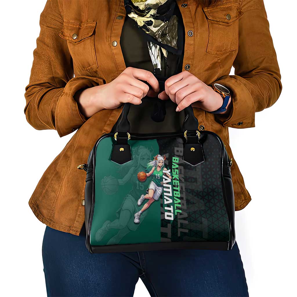 Yamato One Piece Basketball Theme Green and Black Design Shoulder Handbag with Oni Mask Emblem and Dynamic Pose - The Mazicc