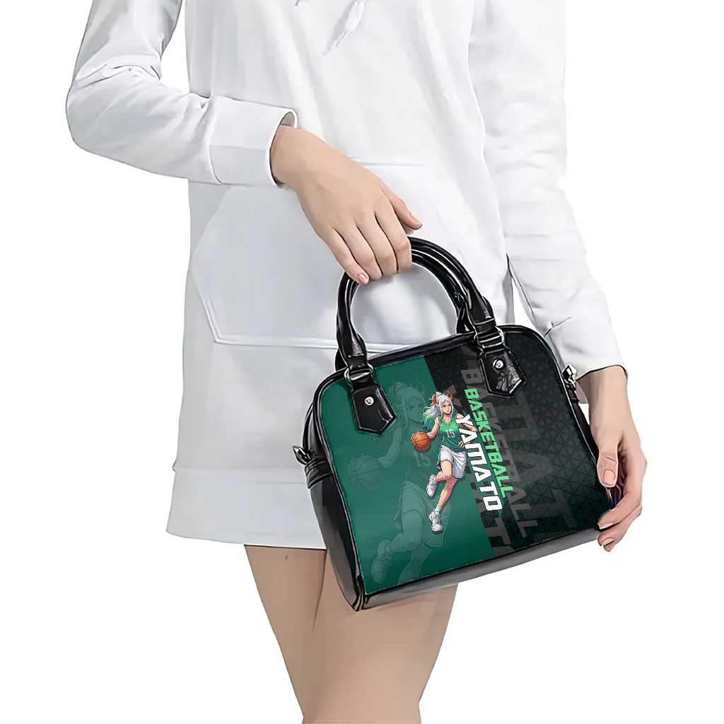 Yamato One Piece Basketball Theme Green and Black Design Shoulder Handbag with Oni Mask Emblem and Dynamic Pose - The Mazicc
