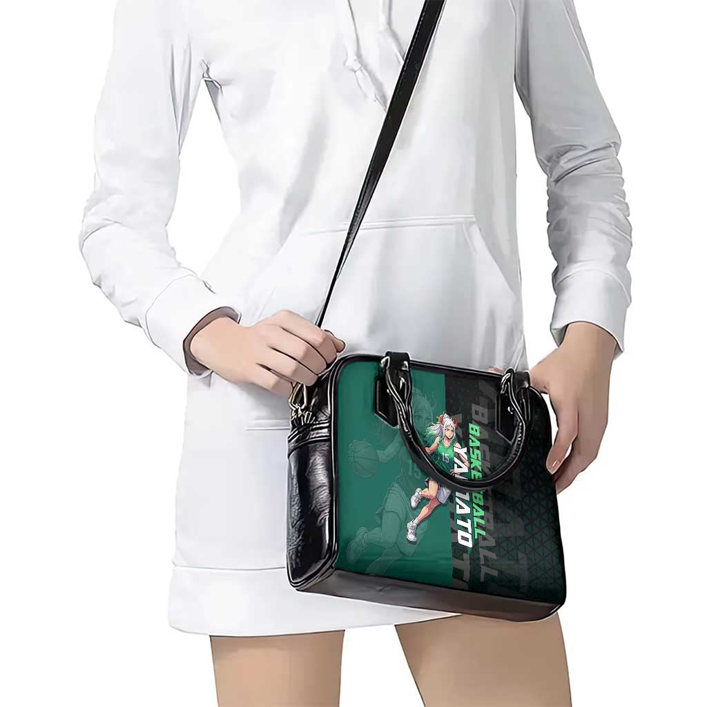 Yamato One Piece Basketball Theme Green and Black Design Shoulder Handbag with Oni Mask Emblem and Dynamic Pose - The Mazicc