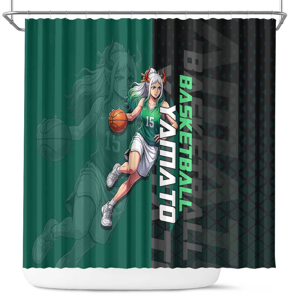 Yamato One Piece Basketball Theme Green and Black Design Shower Curtain with Oni Mask Emblem and Dynamic Pose - The Mazicc