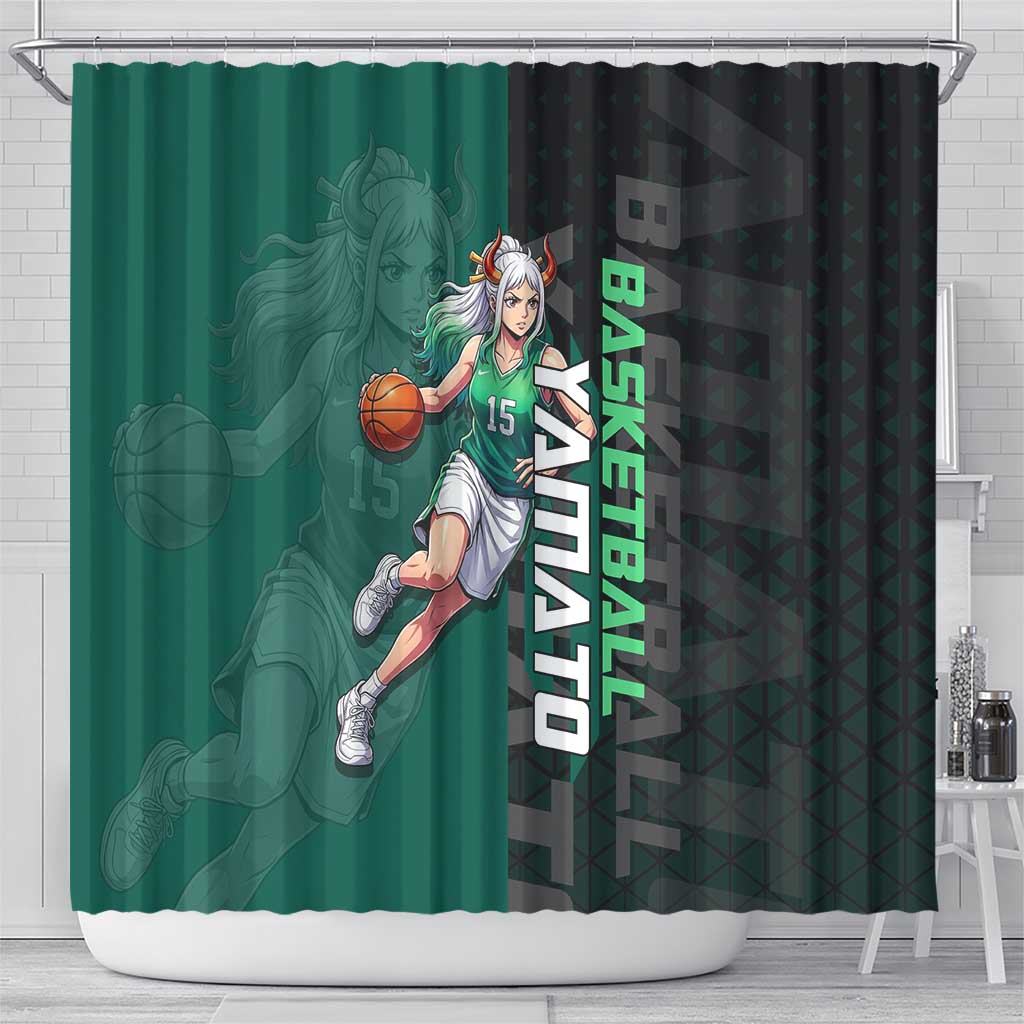 Yamato One Piece Basketball Theme Green and Black Design Shower Curtain with Oni Mask Emblem and Dynamic Pose - The Mazicc