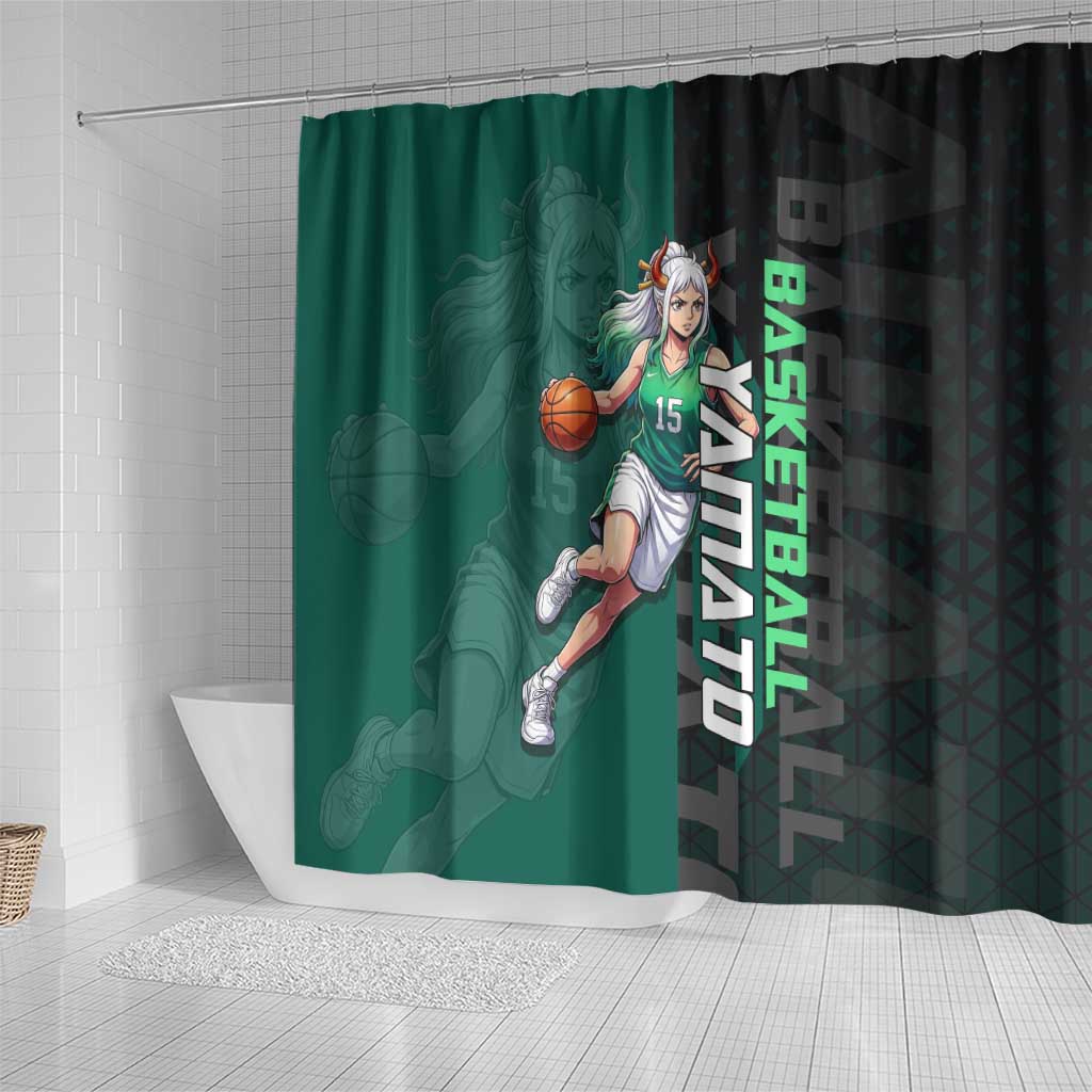 Yamato One Piece Basketball Theme Green and Black Design Shower Curtain with Oni Mask Emblem and Dynamic Pose - The Mazicc