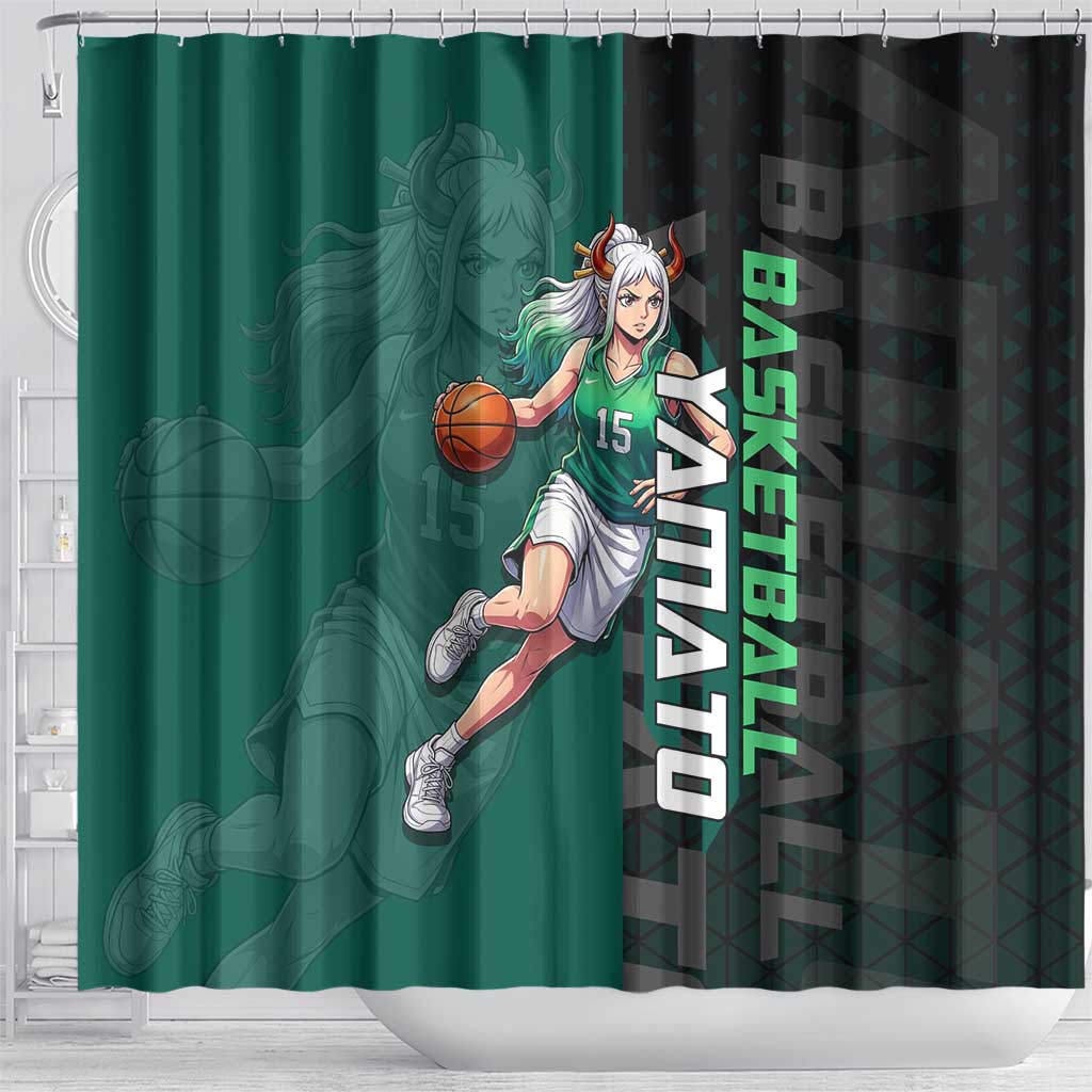 Yamato One Piece Basketball Theme Green and Black Design Shower Curtain with Oni Mask Emblem and Dynamic Pose - The Mazicc