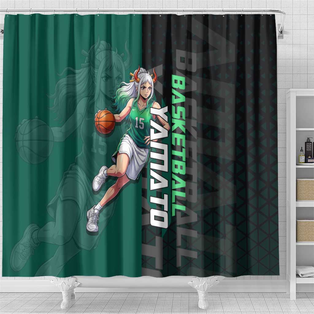 Yamato One Piece Basketball Theme Green and Black Design Shower Curtain with Oni Mask Emblem and Dynamic Pose - The Mazicc