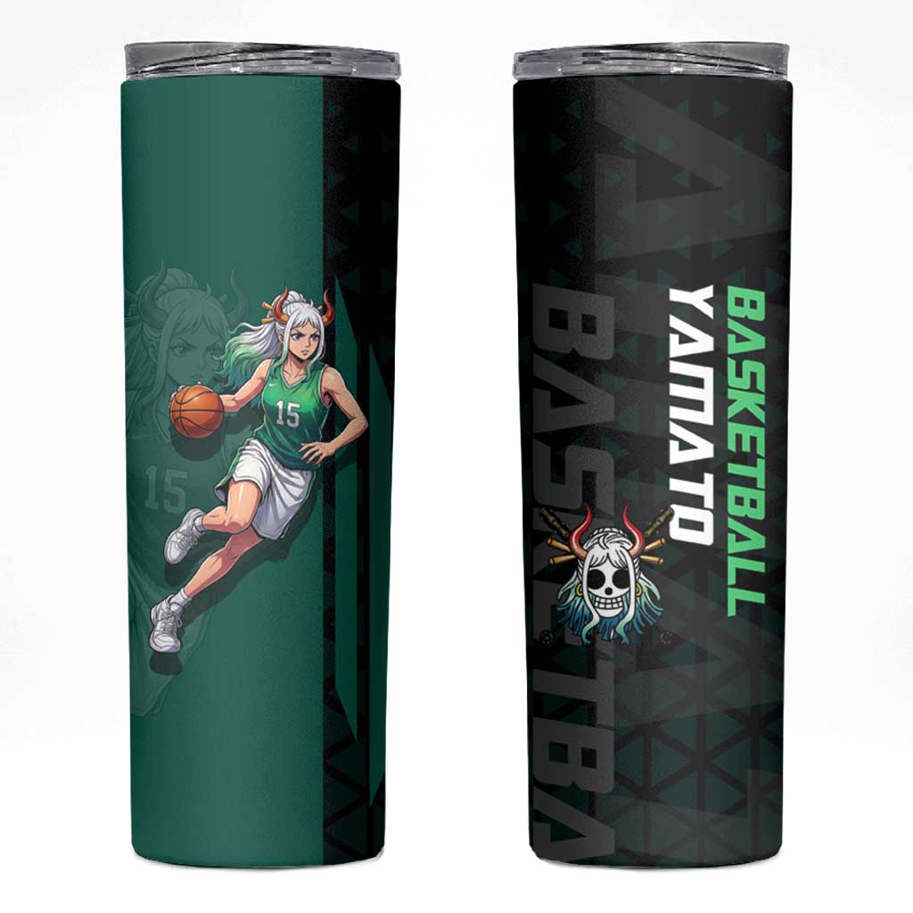 Yamato One Piece Basketball Theme Green and Black Design Skinny Tumbler with Oni Mask Emblem and Dynamic Pose - The Mazicc