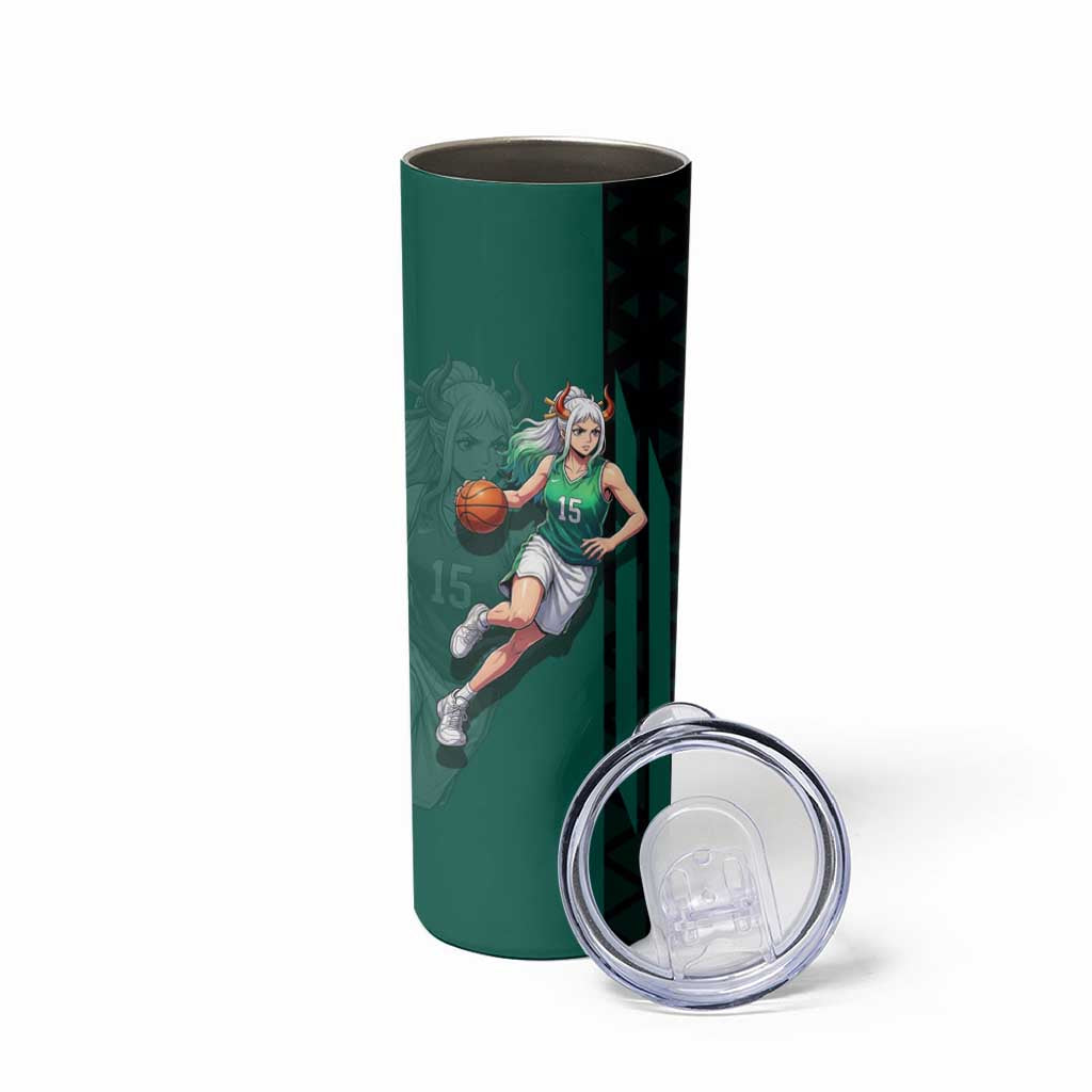 Yamato One Piece Basketball Theme Green and Black Design Skinny Tumbler with Oni Mask Emblem and Dynamic Pose - The Mazicc
