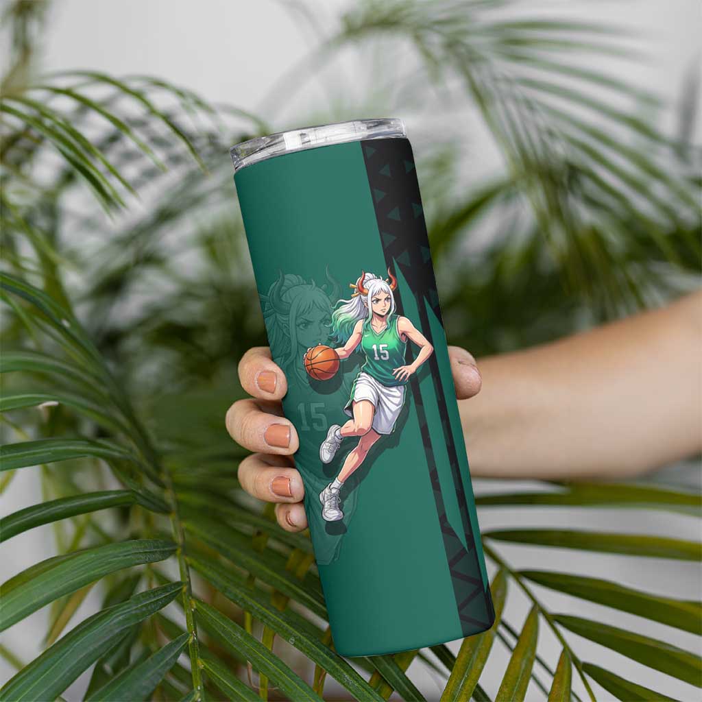 Yamato One Piece Basketball Theme Green and Black Design Skinny Tumbler with Oni Mask Emblem and Dynamic Pose - The Mazicc