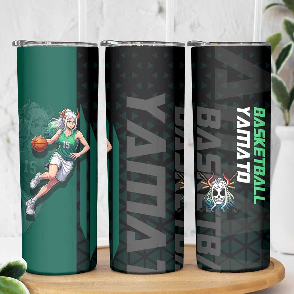 Yamato One Piece Basketball Theme Green and Black Design Skinny Tumbler with Oni Mask Emblem and Dynamic Pose - The Mazicc