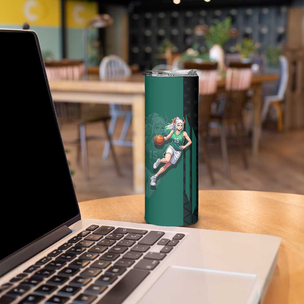 Yamato One Piece Basketball Theme Green and Black Design Skinny Tumbler with Oni Mask Emblem and Dynamic Pose - The Mazicc