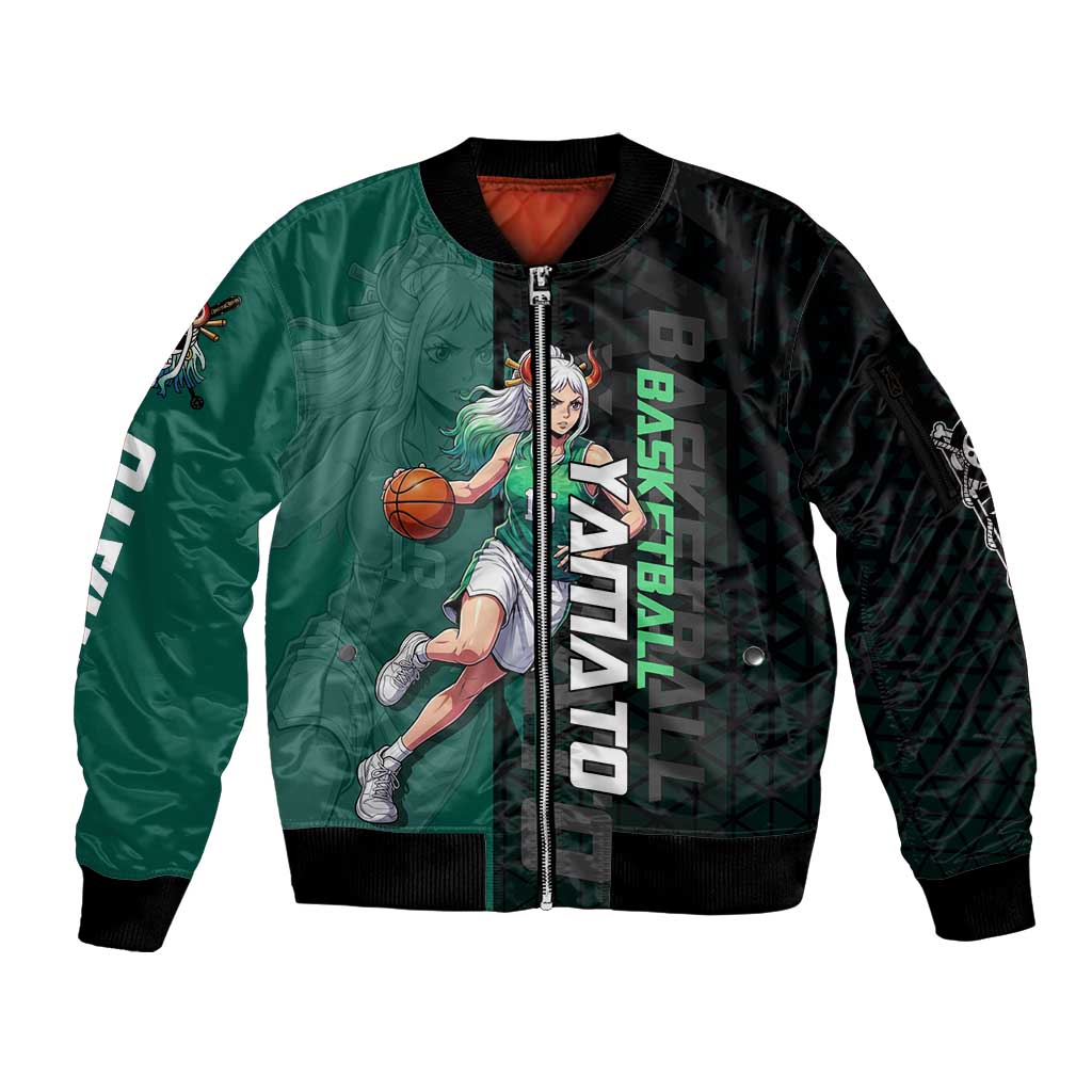 Yamato One Piece Basketball Theme Green and Black Design Sleeve Zip Bomber Jacket with Oni Mask Emblem and Dynamic Pose - The Mazicc