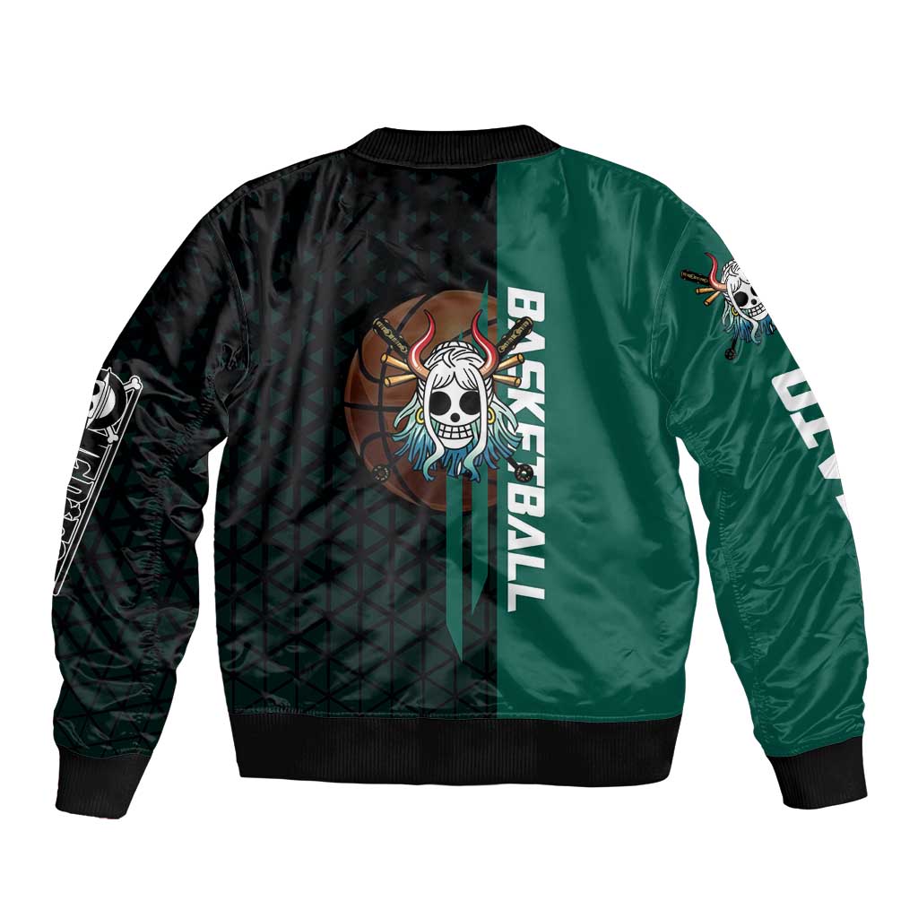 Yamato One Piece Basketball Theme Green and Black Design Sleeve Zip Bomber Jacket with Oni Mask Emblem and Dynamic Pose - The Mazicc