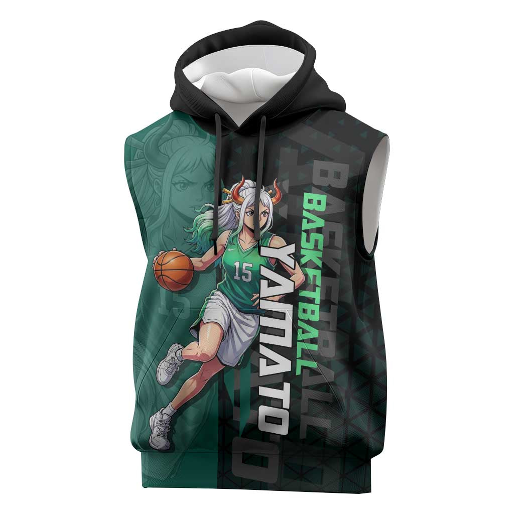 Yamato One Piece Basketball Theme Green and Black Design Sleeveless Hoodie with Oni Mask Emblem and Dynamic Pose - The Mazicc