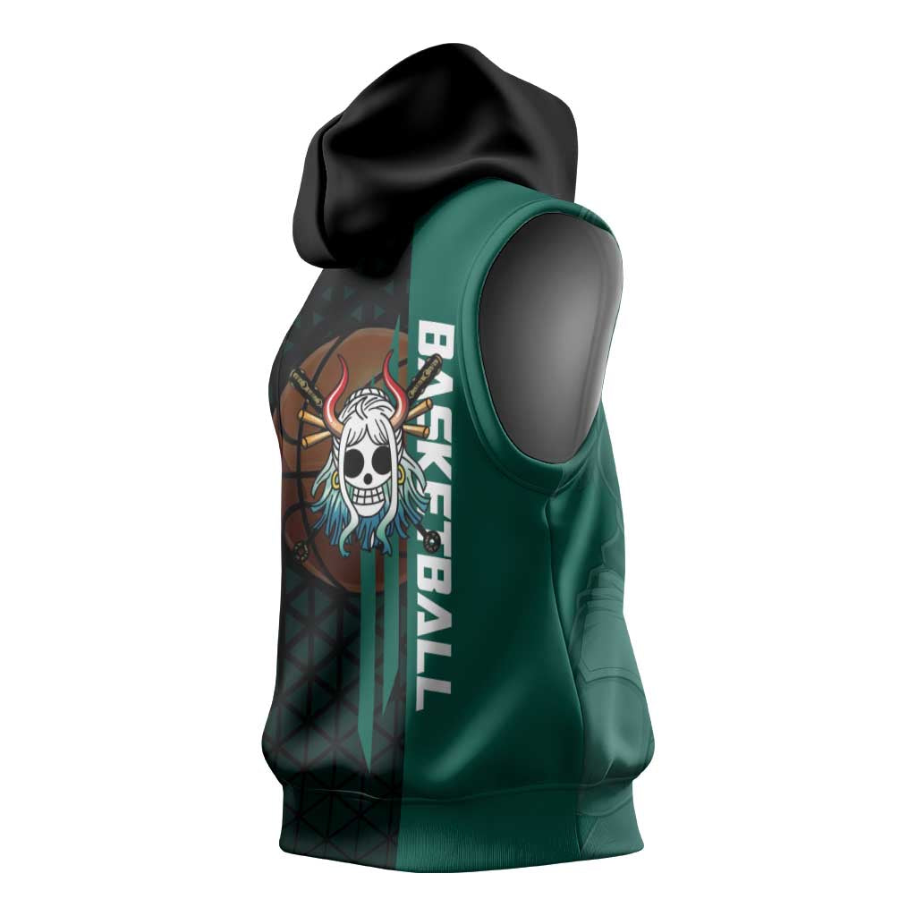 Yamato One Piece Basketball Theme Green and Black Design Sleeveless Hoodie with Oni Mask Emblem and Dynamic Pose - The Mazicc