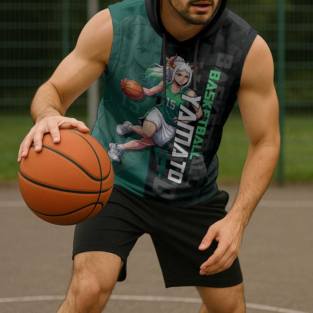 Yamato One Piece Basketball Theme Green and Black Design Sleeveless Hoodie with Oni Mask Emblem and Dynamic Pose - The Mazicc