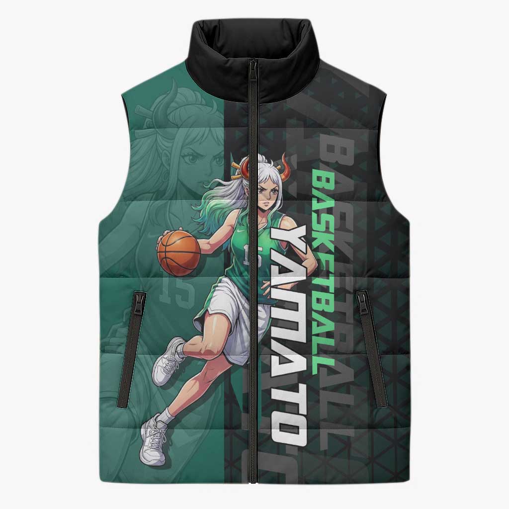 Yamato One Piece Basketball Theme Green and Black Design Sleeveless Puffer Jacket with Oni Mask Emblem and Dynamic Pose - The Mazicc